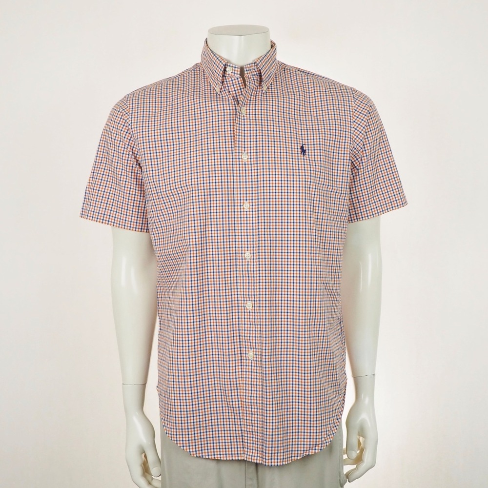 Polo Ralph Lauren Button Down Shirt Mens Medium Orange Plaid Classic Fit Cotton